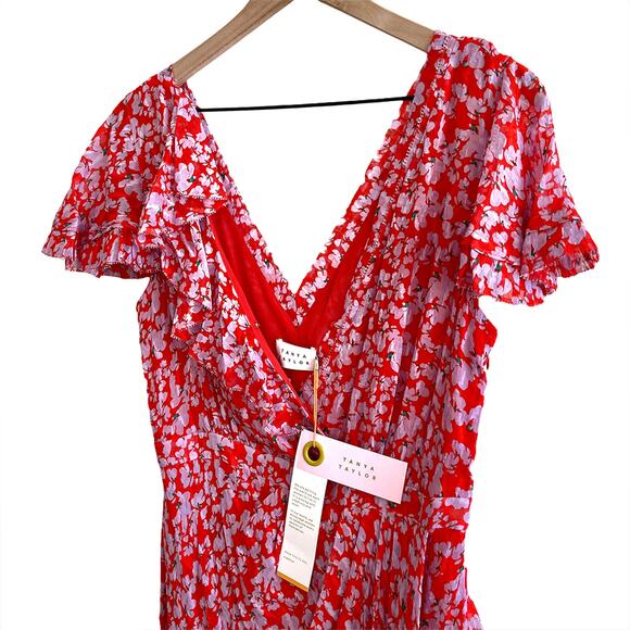 $795 TANYA TAYLOR NWT Designer Silk Boho Red Purple Floral Maxi Dress — Size 6 - Picture 8 of 15